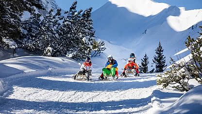 Family tobogganing in the Gauertal in Montafon